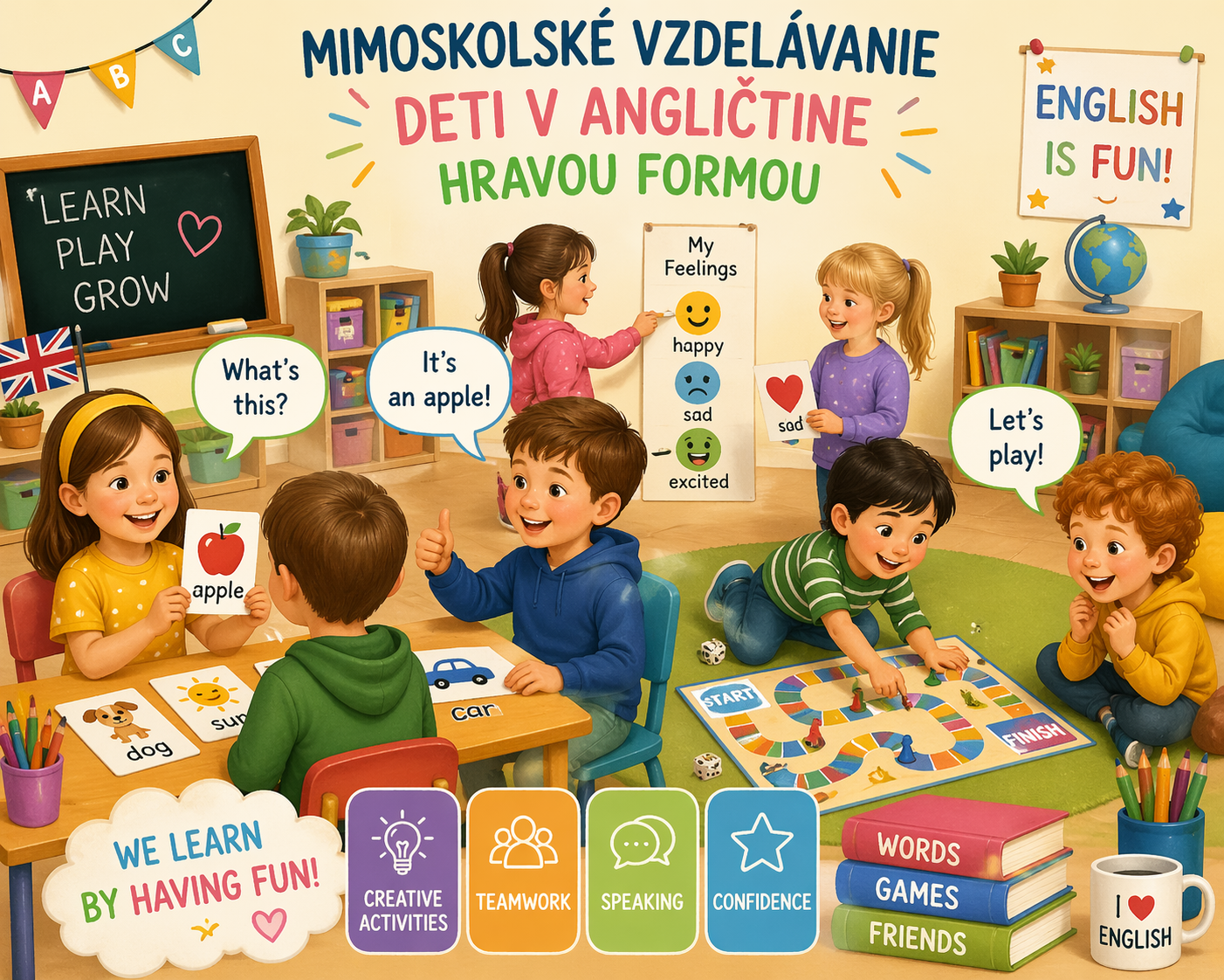 Výučbu vedie lektorka, ktorá žila dlhé roky v USA a absolvovala tam aj celé vysokoškolské štúdium. Vďaka tomu prináša autentický jazykový prejav, praktické skúsenosti z každodennej komunikácie aj lepšie porozumenie kultúre anglicky hovoriacich krajín.  Cieľom krúžku je budovať u detí pozitívny vzťah k angličtine, rozvíjať ich komunikačné schopnosti a prirodzene zvyšovať ich sebavedomie pri používaní cudzieho jazyka mimo vyučovania.  Dôraz kladieme najmä na rozprávanie, porozumenie a učenie sa cez hry, interaktívne aktivity a situácie z reálneho života.