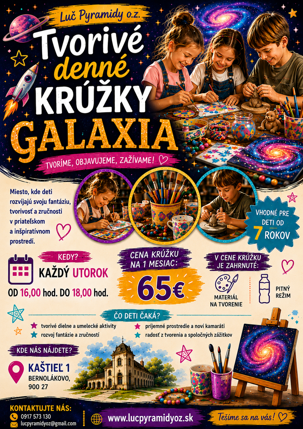 Program tvorby na krúžkoch máme nasledovný:  Techniky aj radi kombinujeme, takže tvorivo prepájame rôzne materiály tak, že na koniec vznikne 1 nádherný výtvor-dielo. Deti si svoju tvorbu-dielo vždy vezmú domov.  V rámci prípravy na tvorbu budeme aj:   - s deťmi si budeme vymýšľať čo by sme mohli do tvorby zakomponovať, aké prírodné materiály. Následne, čo sa bude dať tak si von do okolia pôjdeme sami nazbierať, natrhať... Budeme sušiť a pripravovať si tieto materiály na následnú tvorbu. Alebo dostanú úlohu na doma ( ak budú chcieť), aby si priniesli niečo čo si chcú napríklad zaliať alebo dotvoriť na krúžku.   - Tvorba zo živice: príprava, odlievanie a následné dotváranie   - Tvorba sviečok: príprava, odlievanie a následné dotváranie   - Tvorba zo sadry: príprava, odlievanie a následné maľovanie a aranžovane   - Tvorba z látky, vlny, bavlny: príprava, pletenie alebo prekladanie či uzlovanie, dotvorenie  - Tvorba mydiel: príprava, odlievanie, dotváranie  - Tvorba lustrov a svietnikov: príprava, tvorba z rôznych materiálov  - Tvorba šperkov: náramkov, náhrdelníkov, príveskov, náušníc ale aj príveskov na kľúče z rôznych materiálov. Príprava, tvorba, dotváranie  - Tvorba obrazov a maľovanie na tričká a iné: príprava, tvorba, dotváranie  - Drôtikovanie lapače snov, stromy života, hojnosti a iné: príprava, tvorba, dotváranie  - Tvorba z hliny: príprava, modelovanie, dotváranie   A veľa rôznej ostatnej tvorby ktorej je nekonečno